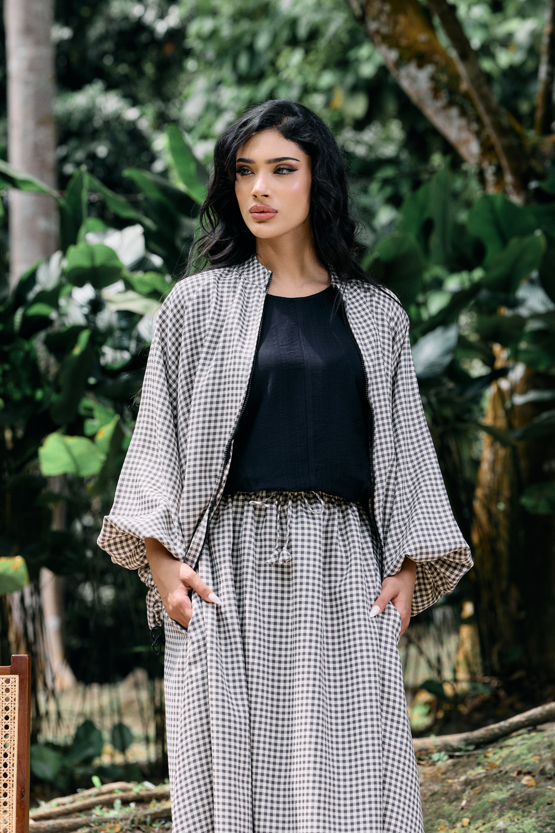 Ayana Bomber Skirt Cotton Set in Gingham Beige