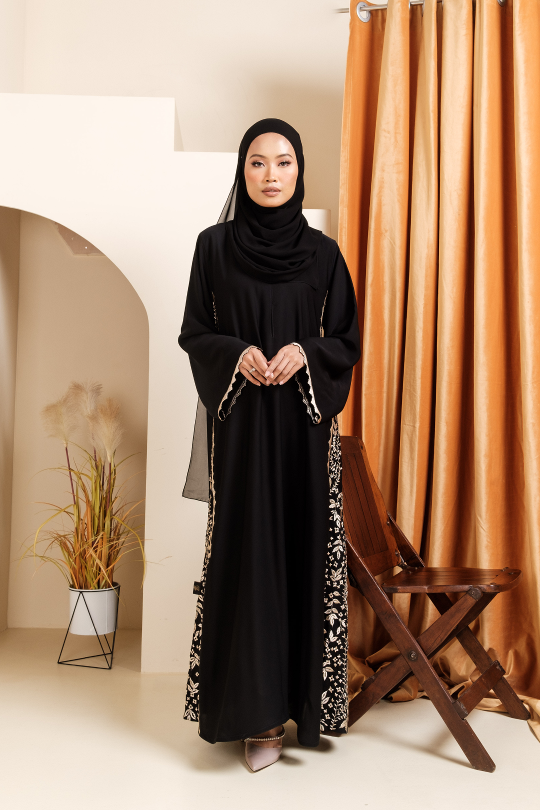Singapore Muslimah in wearing golden floral embroidery nidha abaya with scallop trimmings