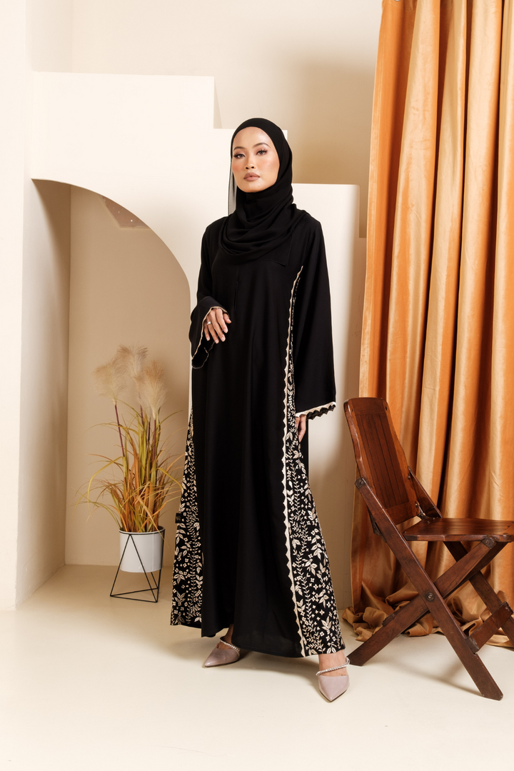 Singapore Muslimah in wearing golden floral embroidery nidha abaya with scallop trimmings